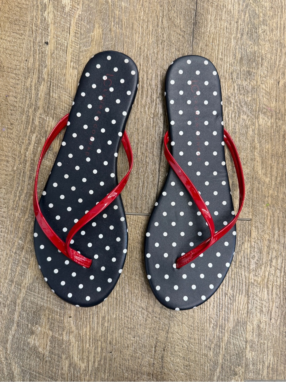 LC Lauren Conrad Black Polka Dot Flip Flops with Red Straps